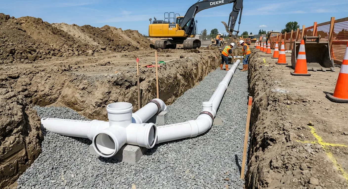 New PVC sewer pipe installation in open trench for Sewer Backup in LaSalle