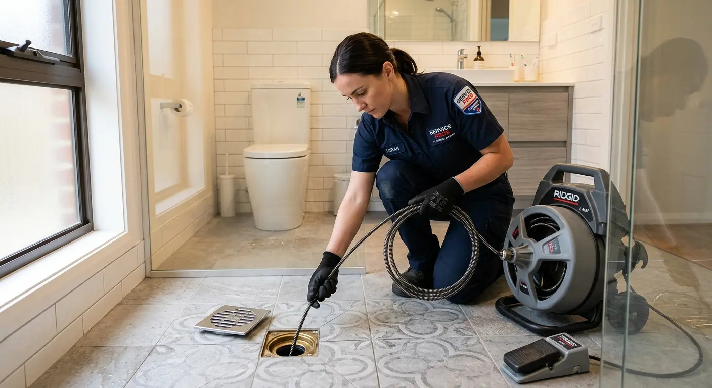 Technician clearing a bathroom floor drain for Clogged Drain Repair in LaSalle